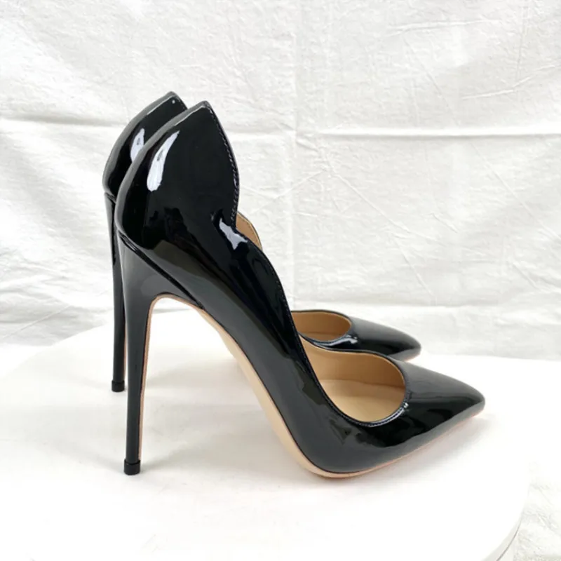 Elegant Glossy Black Curl Cut Women Pointy Toe 12cm High Heel Shoes Sexy V Cut Lady Party Wedding Stiletto Pumps Size 45