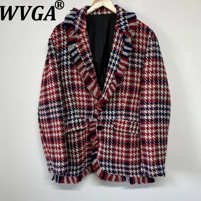 

WVGA Autumn Winter New Men Tide Plaid Tweed Fringe Trendy Design Turn-Down Collar Suit Coats Niche Chic Casual Blazer Ins W15771