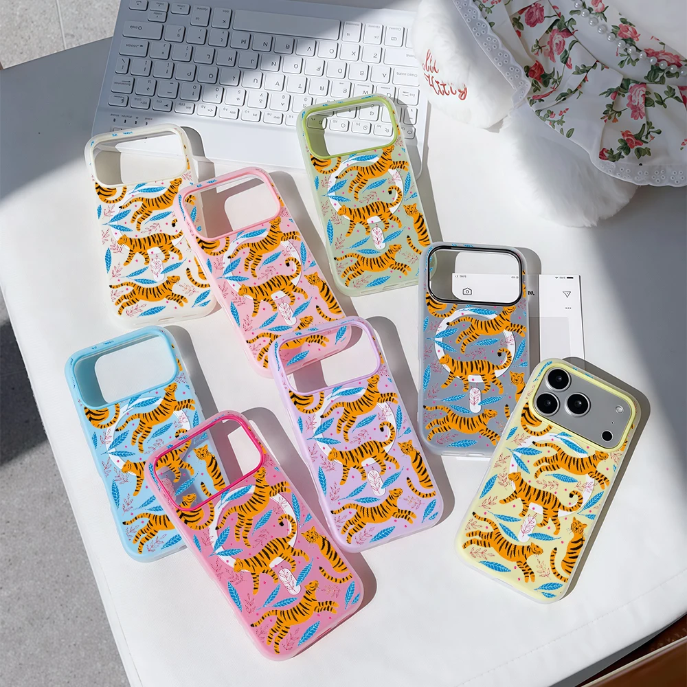 Luxuriöse Candy-Color 2-in-1 Magsafe-Hülle mit Tiger-Print für iPhone 16 15 14 13 17 Pro Max Plus, transparente, matte, weiche Abdeckung