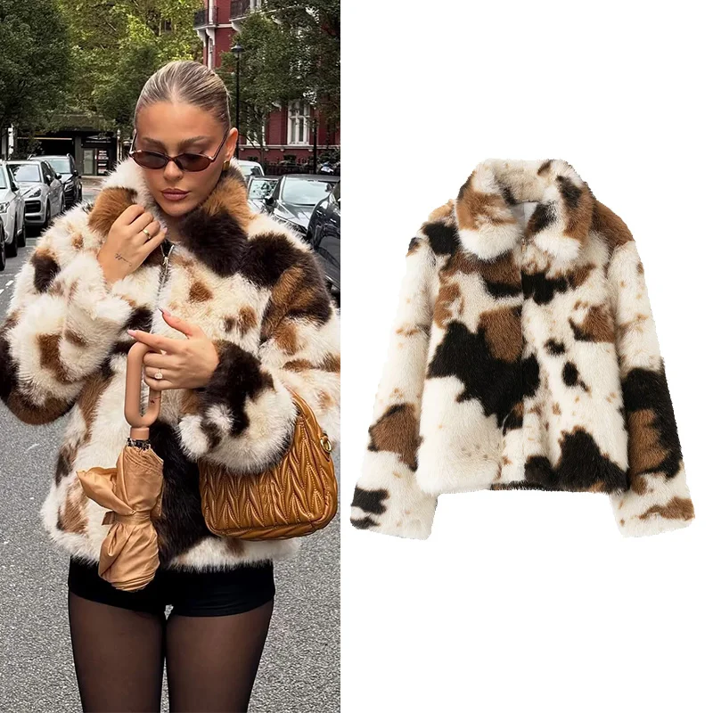 

Женская куртка из искусственного меха с принтом, повседневная, новая весенняя, с отложным воротником, на молнии, модная, теплая, шикарная