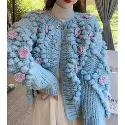 Sweater Women Autumn Wibter Korean Sweet Cardigan 3D Flower Loose Full O-Neck Girls Sweater All-match Small Fresh