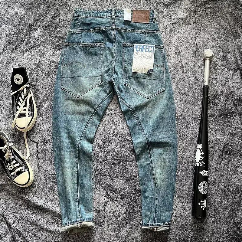 Heavyweight 3D Tailored Harlan Large Pocket Knife Jeans American Retro Wash Loose Conical Slim Fit Pants Men's Fashion