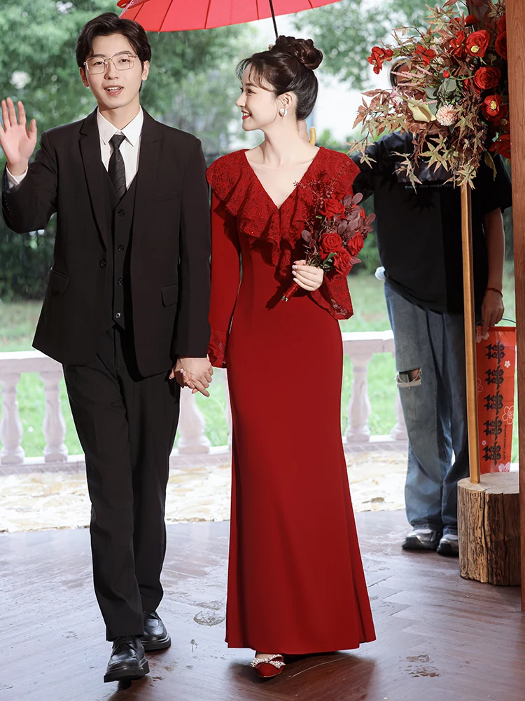 

Long Sleeve V-Neck Satin Evening Dress Wedding Dress for Women Autumn Winter New Style Korean Style mid Waist Slim Fit Dress