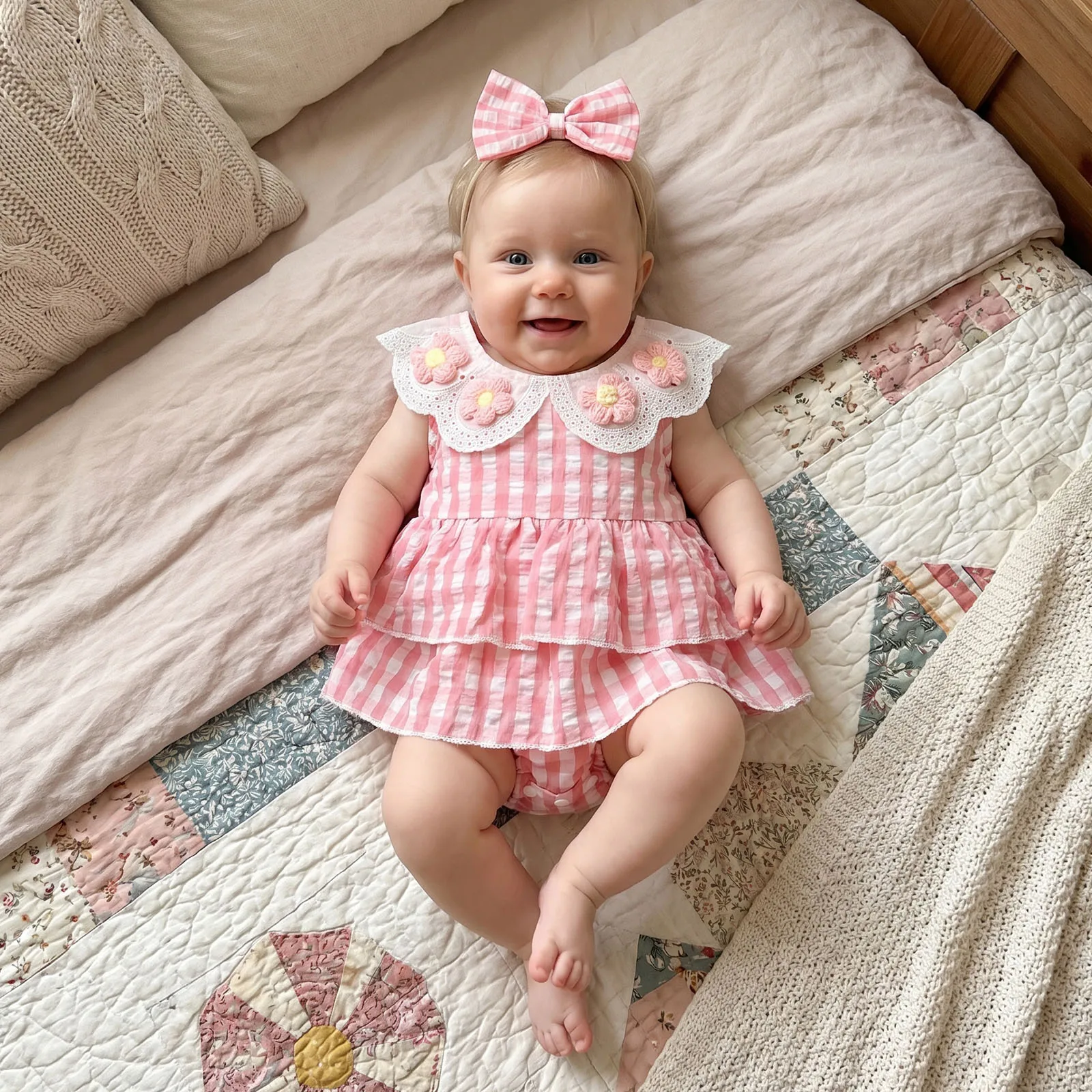 Newborn Baby Girls Summer Outfits Flower Plaid Layered Ruffled Doll Collar Sleeveless Rompers Dress and Bow Headband