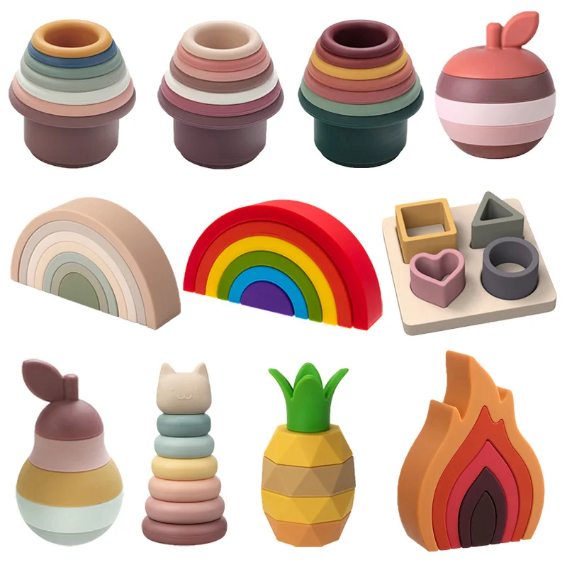 1Set Soft Building Blocks Silicone Stacking Blocks Baby Toys Apple Pineapple Avocado Pear Silicone Building Toys Montessori Toys