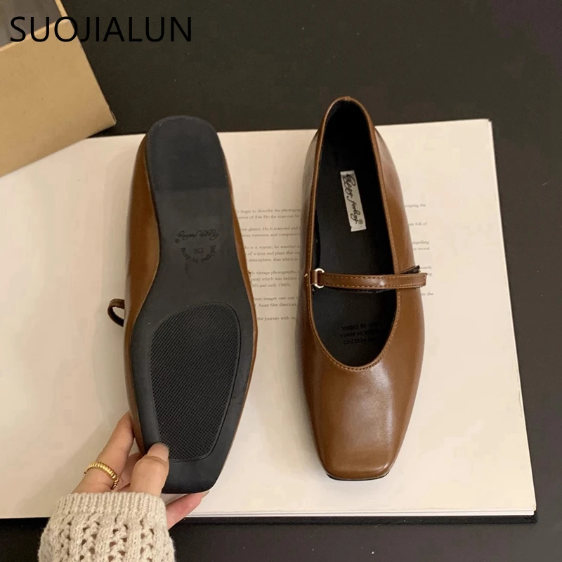 SUOJIALUN 2024 Autumn Women Flat Shoes Fashion Shallow Ladies Mary Jane Shoes Square Toe Soft Flat Heel Outdoor Casual Ballerina