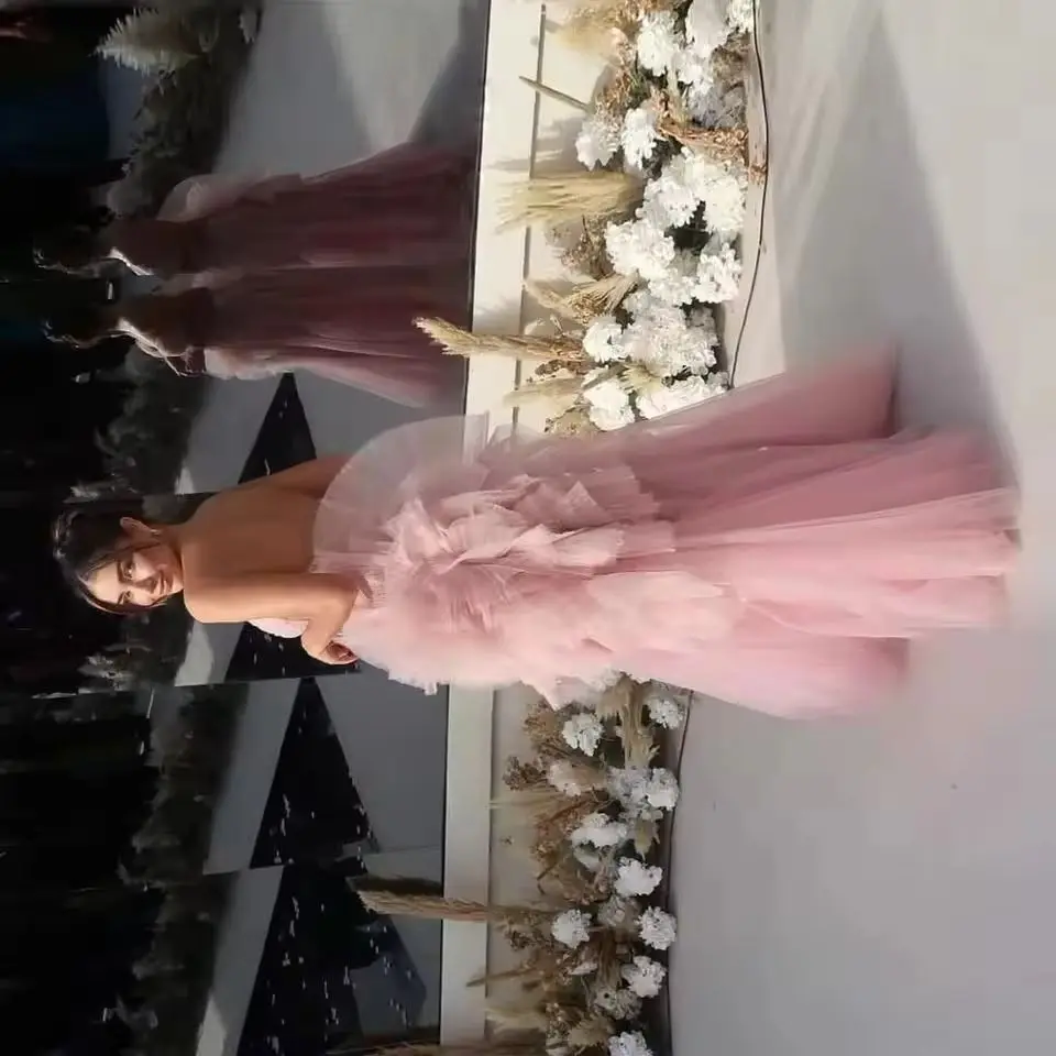 

2025 модные розовые тюлевые женские вечерние платья с рюшами, шикарный дизайн, пышное плиссированное свадебное платье для гостей, арабское платье для выпускного вечера