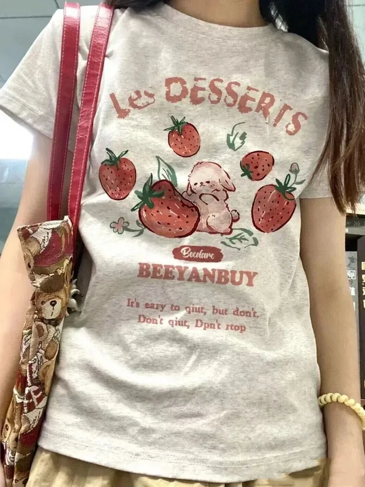 Y2k Aesthetics Summer New Cartoon Strawberry T-Shirt Harajuku Short Sleeve Loose Plus Size Top Women All Match Casual T-Shirts