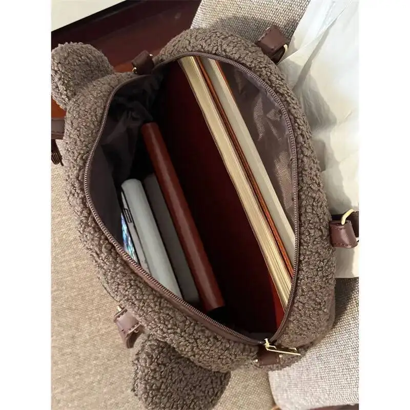 Bloom Plush Bear Brown Shoulder Women Haruku Aesthetic Large Capacity Cacsual Handbag Ladies Retro Cute Crossbody Bags