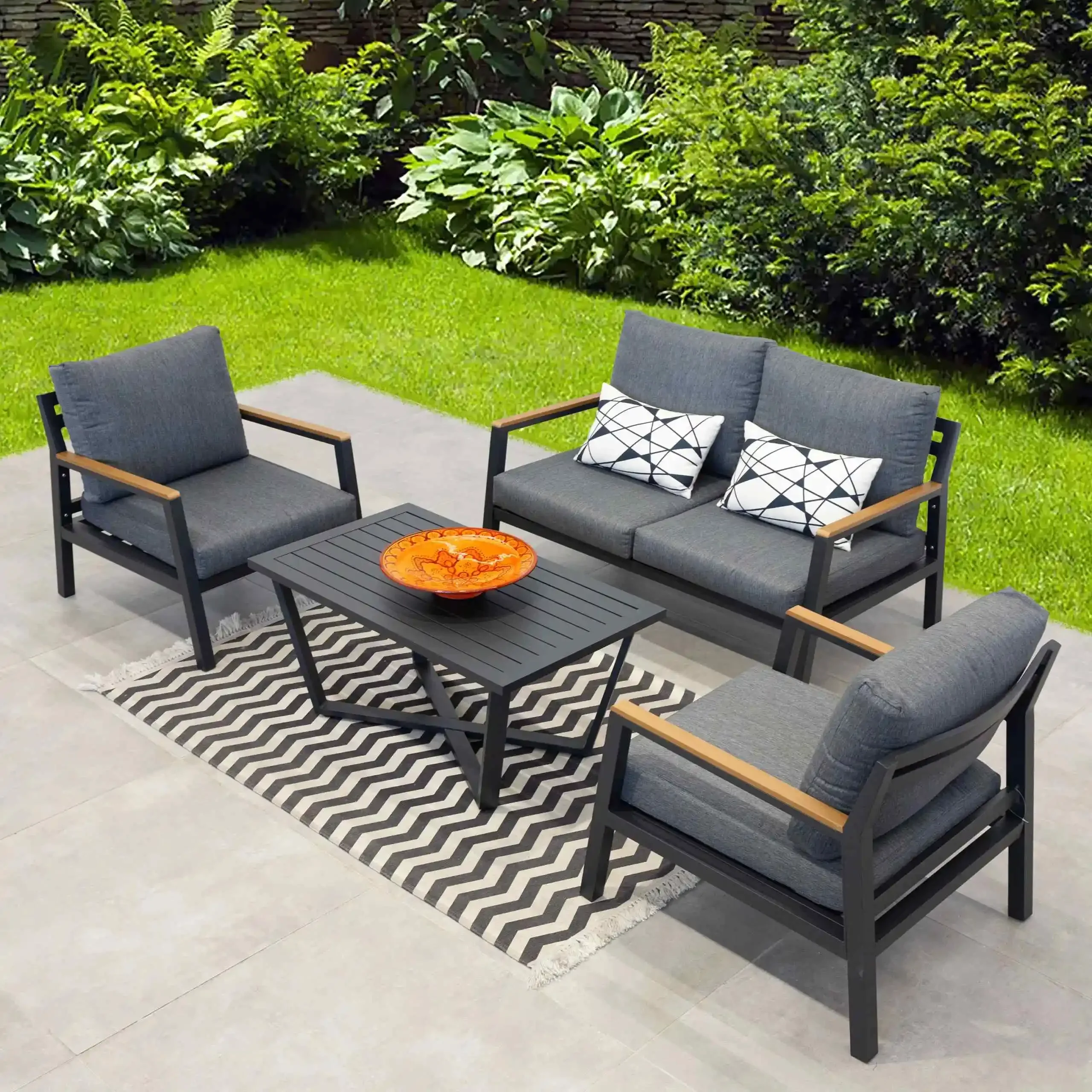 Modern 4 Pieces Outdoor Lounge Sectional Patio Sofa Set Aluminum Deep Seating Set Garden Conversation with Comfortable Cushions