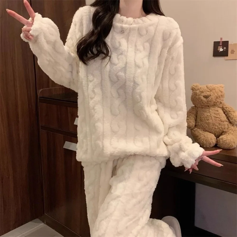 

Fashion Thickened Fleece Coral Fleece Sleepwear Long Sleeve Breathable Cozy Sleepwear Solid Color Warm Pajama Set Home Wear