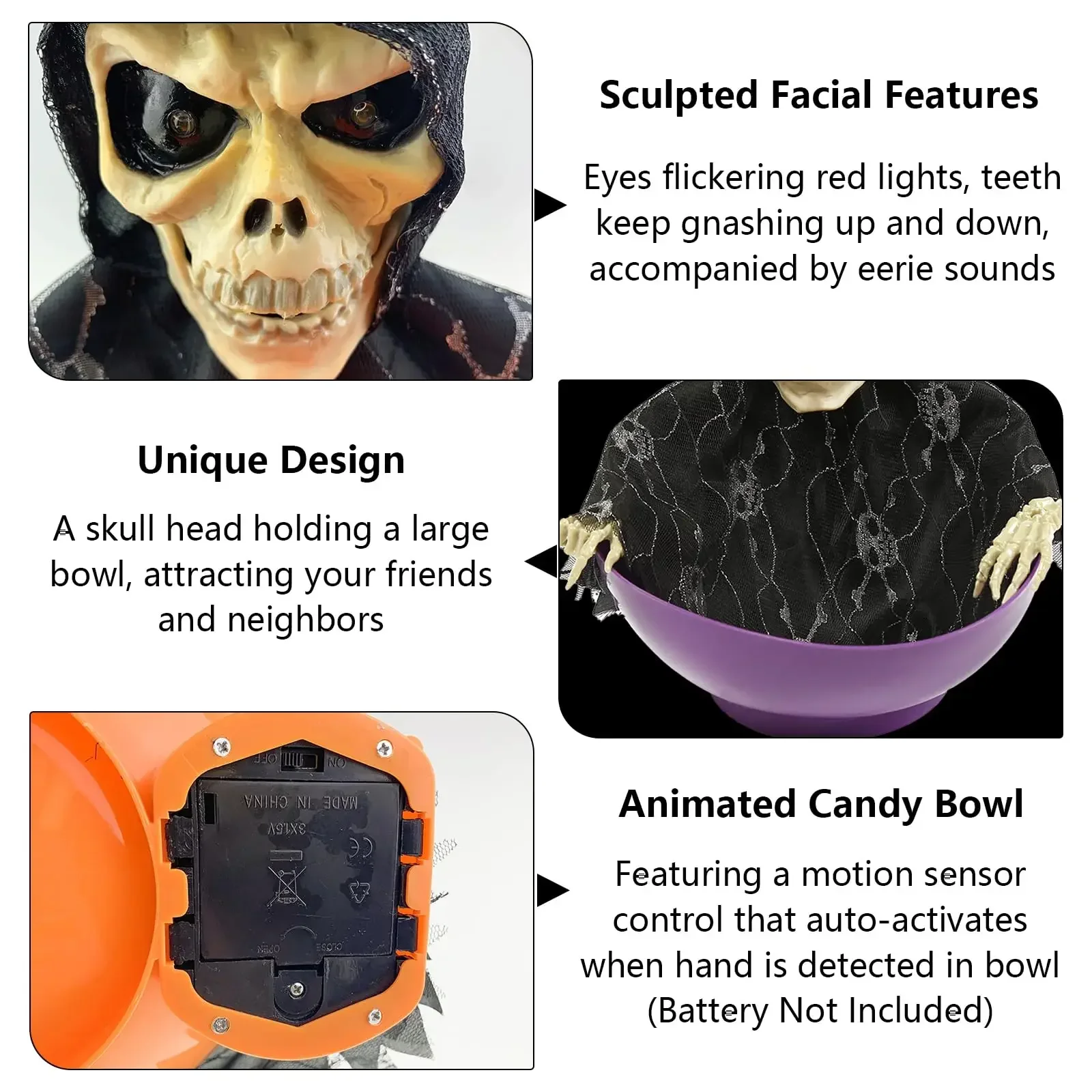 2PCS Halloween Candy Bowl Electric Fruit Tray Haunted Party Props Skeleton Bowl for Trick or Treating Halloween Party Decoration