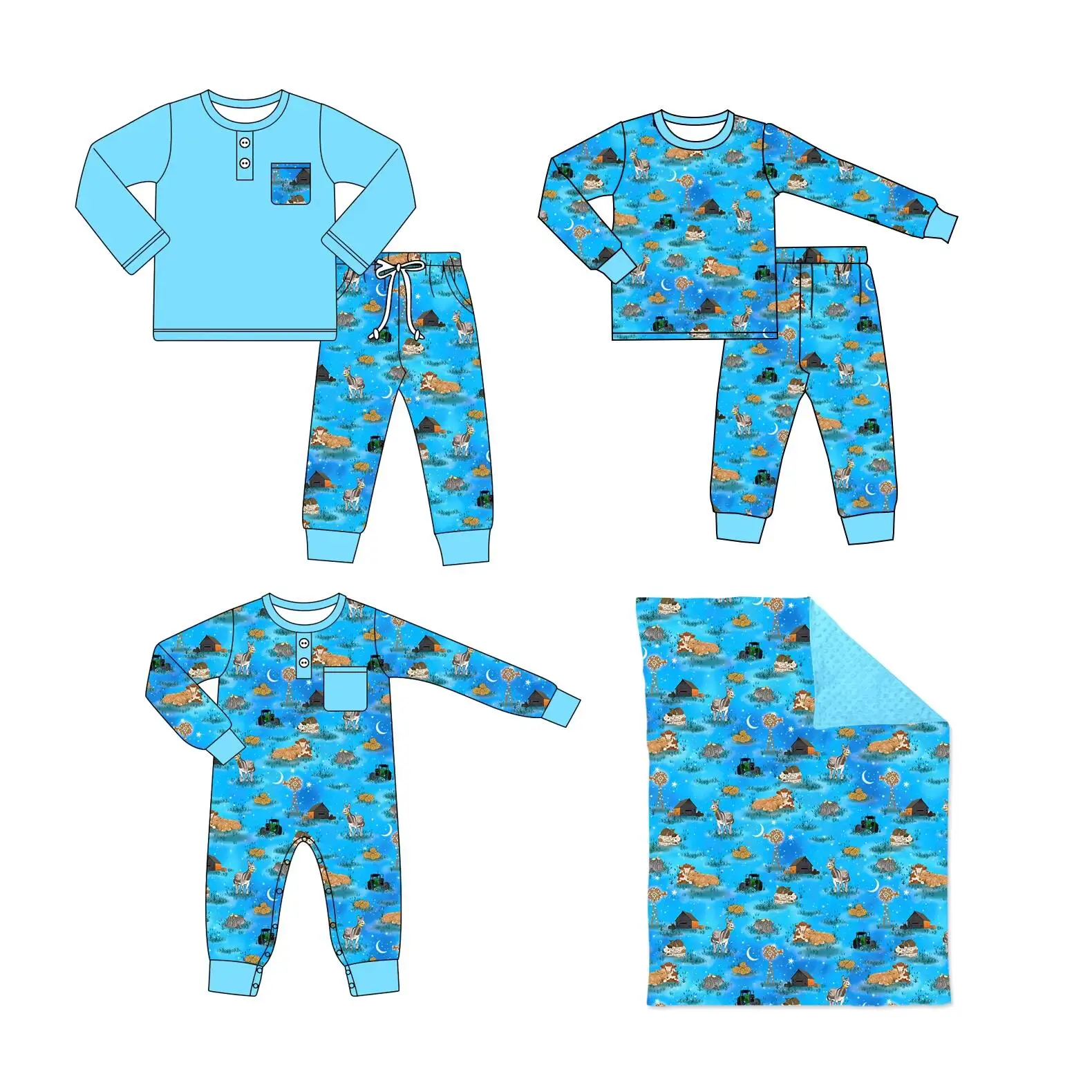 New Boys Series Farm Partner Printed Long Sleeve Pocket Pants Rope Boy Suit Pajamas Boutique Children Suit Baby Jumpsuit Blanket