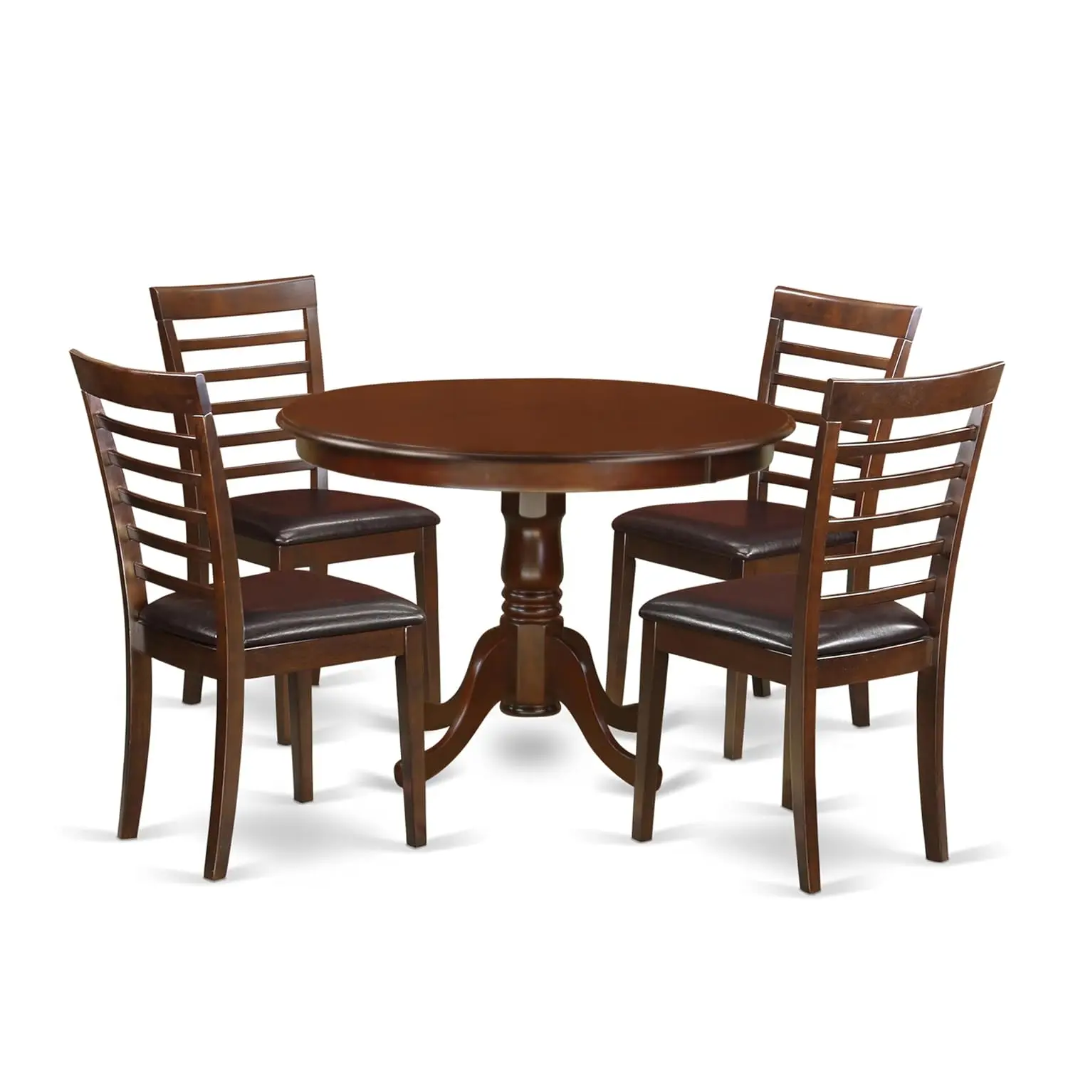 Round Dining Table Set with Pedestal & 4 Faux Leather Chairs for Kitchen, 42x42 Inch Mahogany, Customized