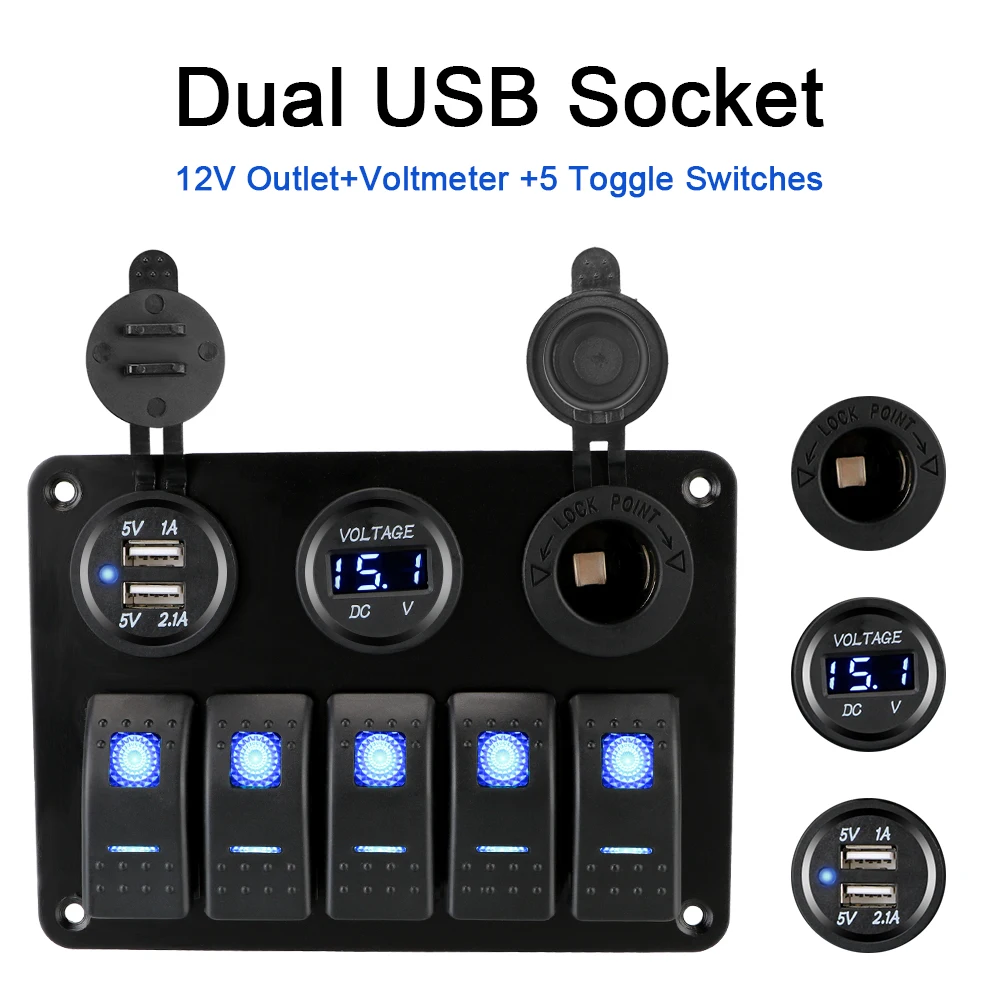 With Fuse Dual USB Slot Socket 5 Gang LED Rocker Switch Panel Waterproof 12/24V Outlet Combination Digital Voltage