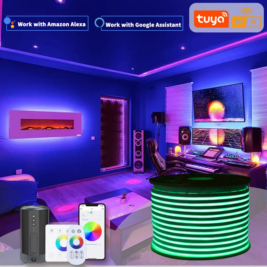 

AC 220V UK Plug Tuya WiFi RGB LED Neon Strip Light RF Remote Panel Control Smart RGB Tape Dimmable Flexible Ribbon Waterproof