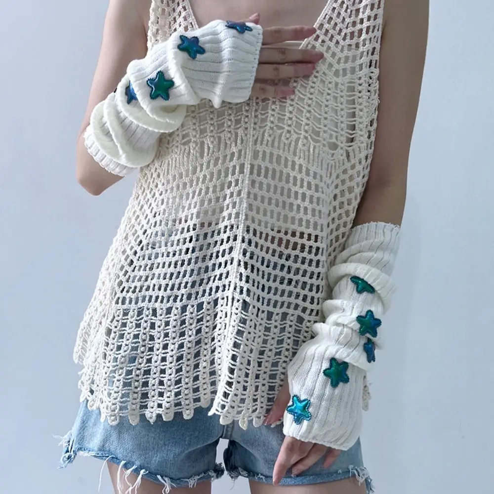 

Эластичные однотонные вязаные перчатки со звездами Y2k, готические шерстяные манжеты с рукавами, сохраняющие тепло, термоперчатки без пальцев, женские