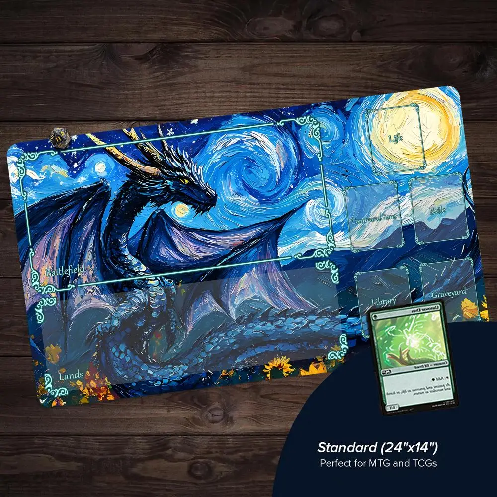 Starry Night Fantasy Dragon Design TCG Playmat Magic Card Battle Mat Non-Slip Stitched Edge Tapete Magic Mat Tabletop Playmat
