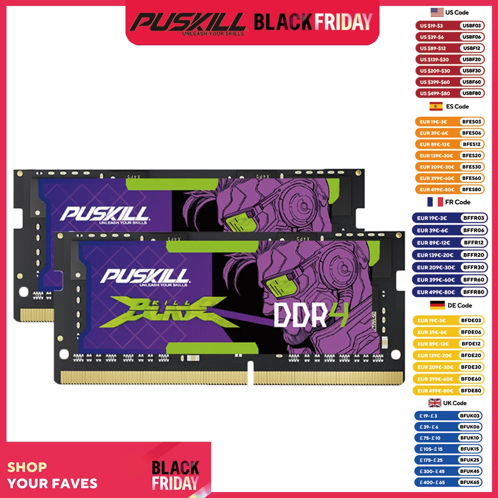 PUSKILL Notebook DDR4 Memoria Ram 16GB 3200MHz 2666MHz 2x16GB 1.2V 260pin Sodimm Laptop Memory