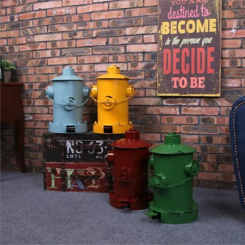 Vintage Wrought Iron Industrial Style Fire Hydrant Shaped Waste Bin Large Size With Cover Foot Stepped Metal Trash Can ZI614