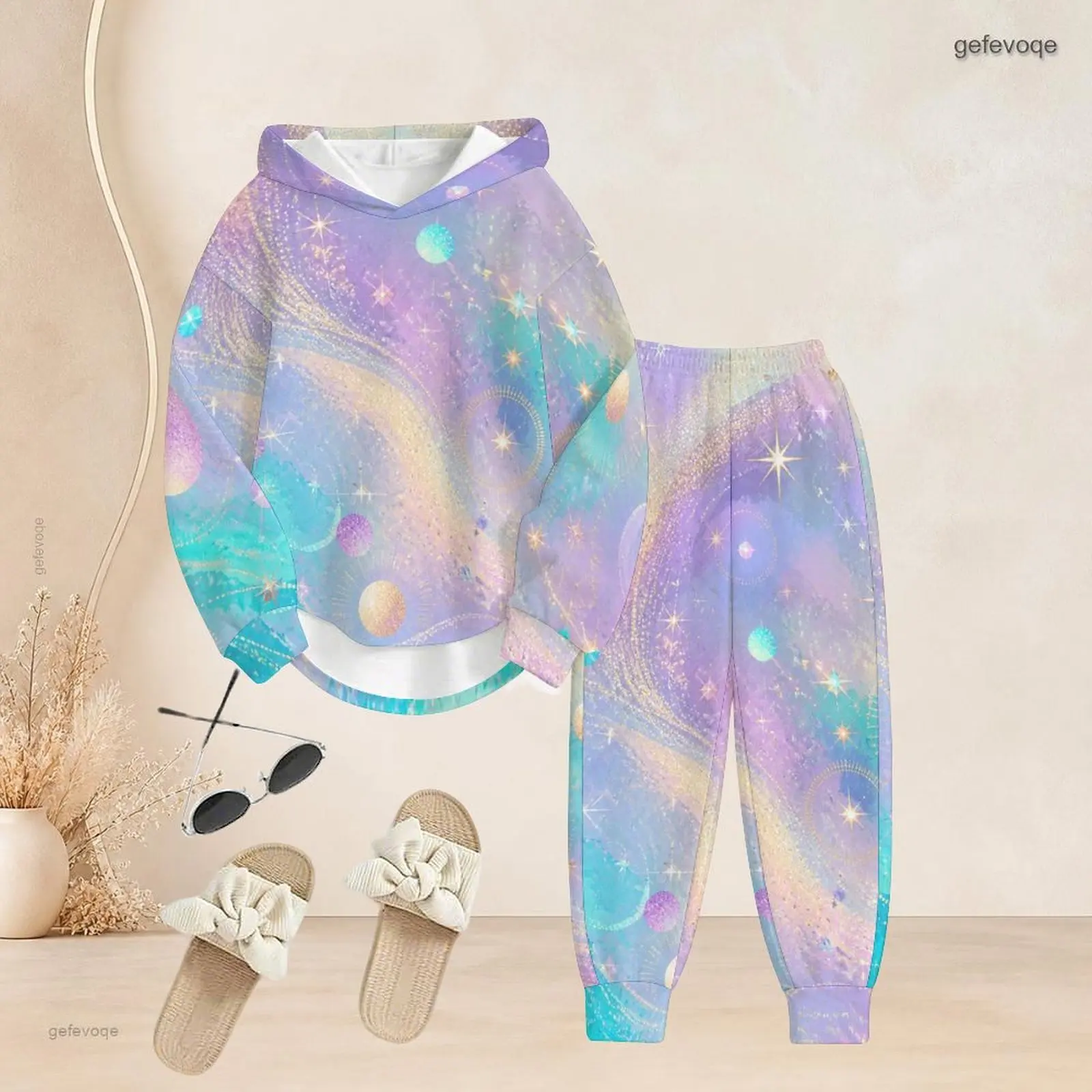 Women Long Sleeve Hooded Top Cuffed Pants Two Piece Printed Pants Set
