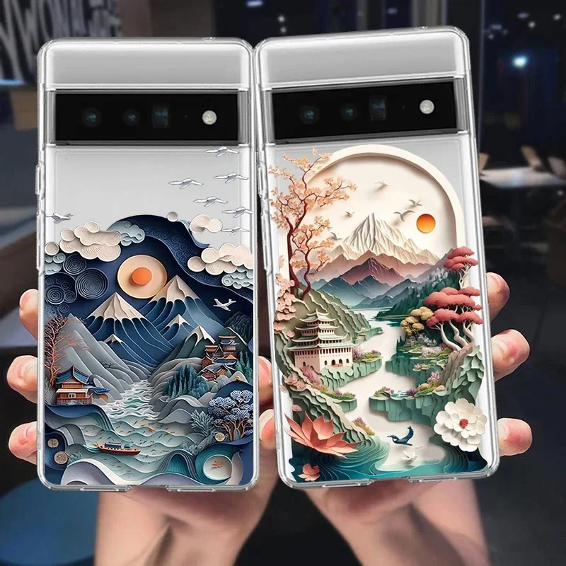 Scenery Soft Transparent Phone Case for Google Pixel 8A 9 8 Pro XL 7a 7Pro 7 6a 6 6Pro 5G Luxury 3D Pattern Landscape Art Fundas