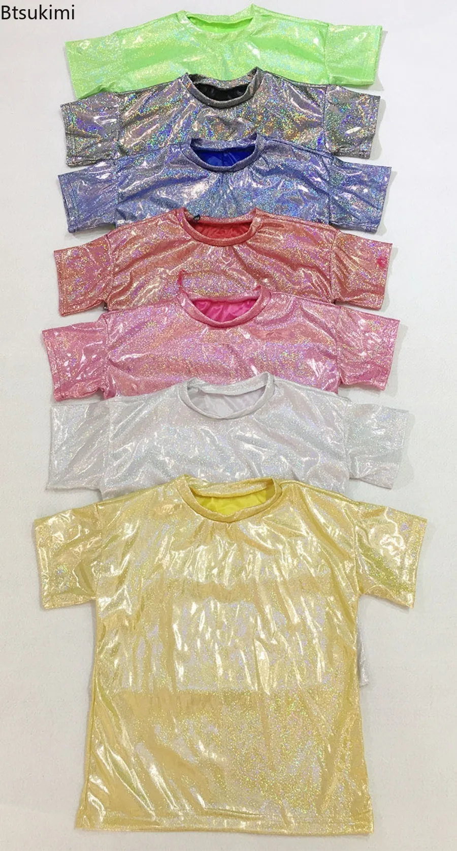 Kids Metallic Shiny T-Shirt Boys Girls Jazz Hip Hop Modern Dance Tops Short Sleeves Loose Tee for Festival Party Disco Costume view 6