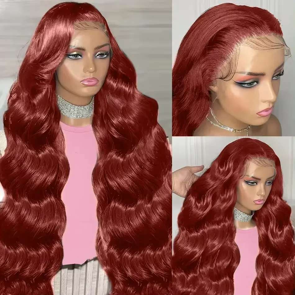 Wig rambut manusia bagian depan berenda 13x6 gelombang tubuh warna cokelat kemerahan wig Frontal rambut manusia renda Brasil untuk wanita warna hitam