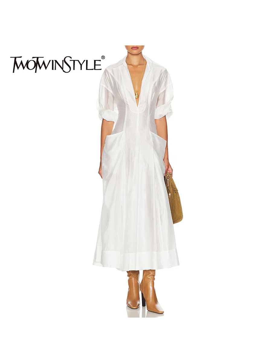 Twotwinstyle sólido sheer emendado bolsos vestidos minimalistas para mulheres com decote em v mangas compridas túnica design sentido vestido feminino novo