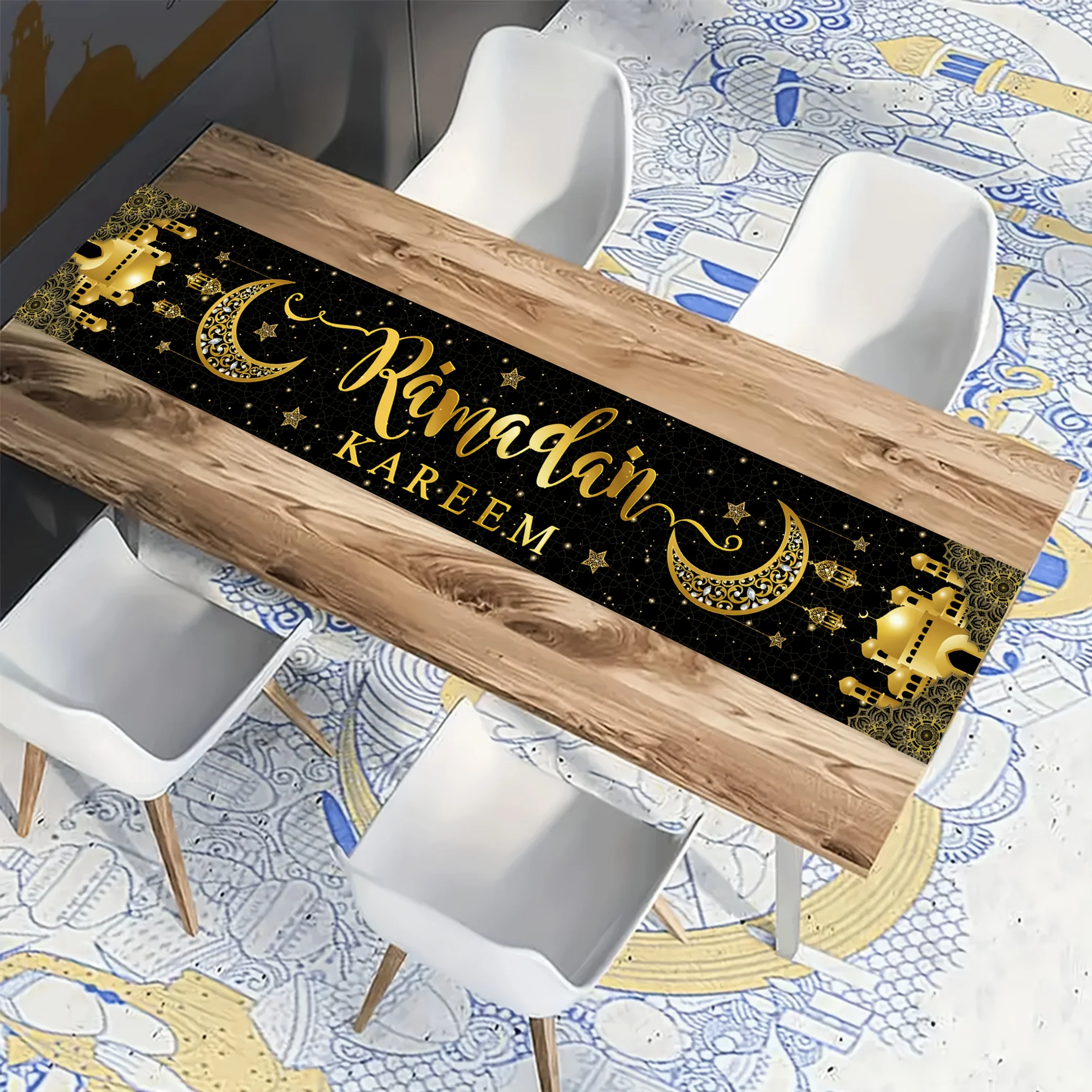 1 Stück Ramadan Kareem Tischläufer - Leinen 2D-Druck Schwarz & Gold Mond & Moschee Design, Perfekt für Küche Esstisch Dekoration & Hol