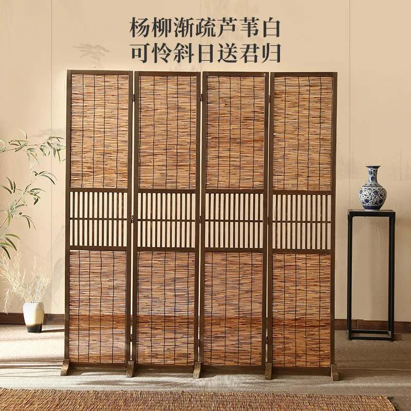 New Chinese reed solid wood screen partition entrance living room small apartment tea room retro folding screen simple tea room