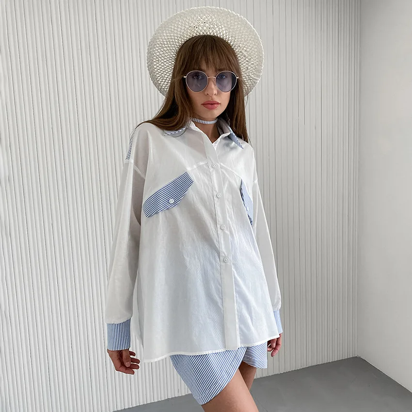 

Женская повседневная рубашка с цветными вставками на лацканах для весны и лета, свободный и простой топ с длинными рукавами