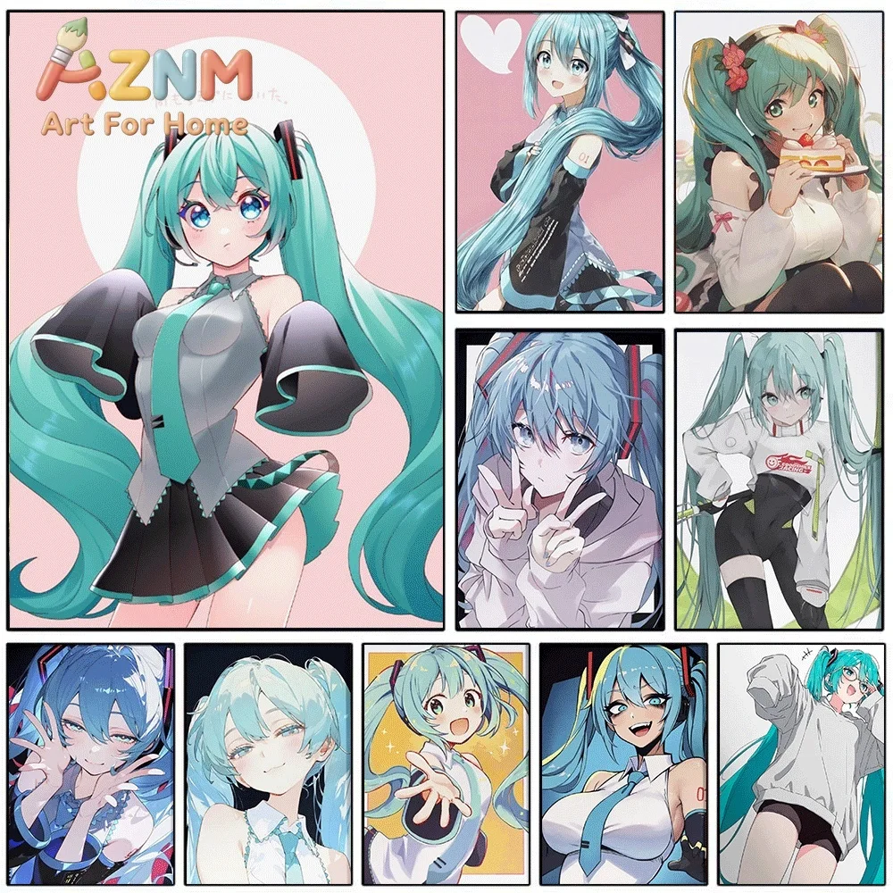 Hatsune Miku Pink Cute Casual Expressions Collage Canvas Painting Unframed Anime Vocaloid Wall Art Poster for Bedroom Home Wal