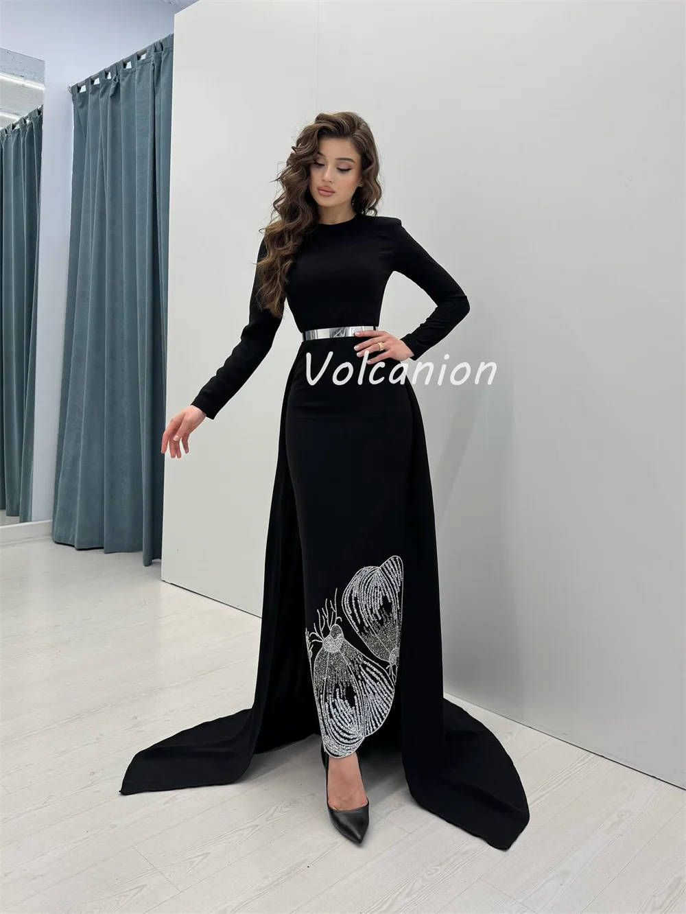 カスタマイズされた高品質の絶妙なジャージースパンコールラインストーンビーズサッシュストレートOネックロングドレスオーダーメイドオケージョンドレス