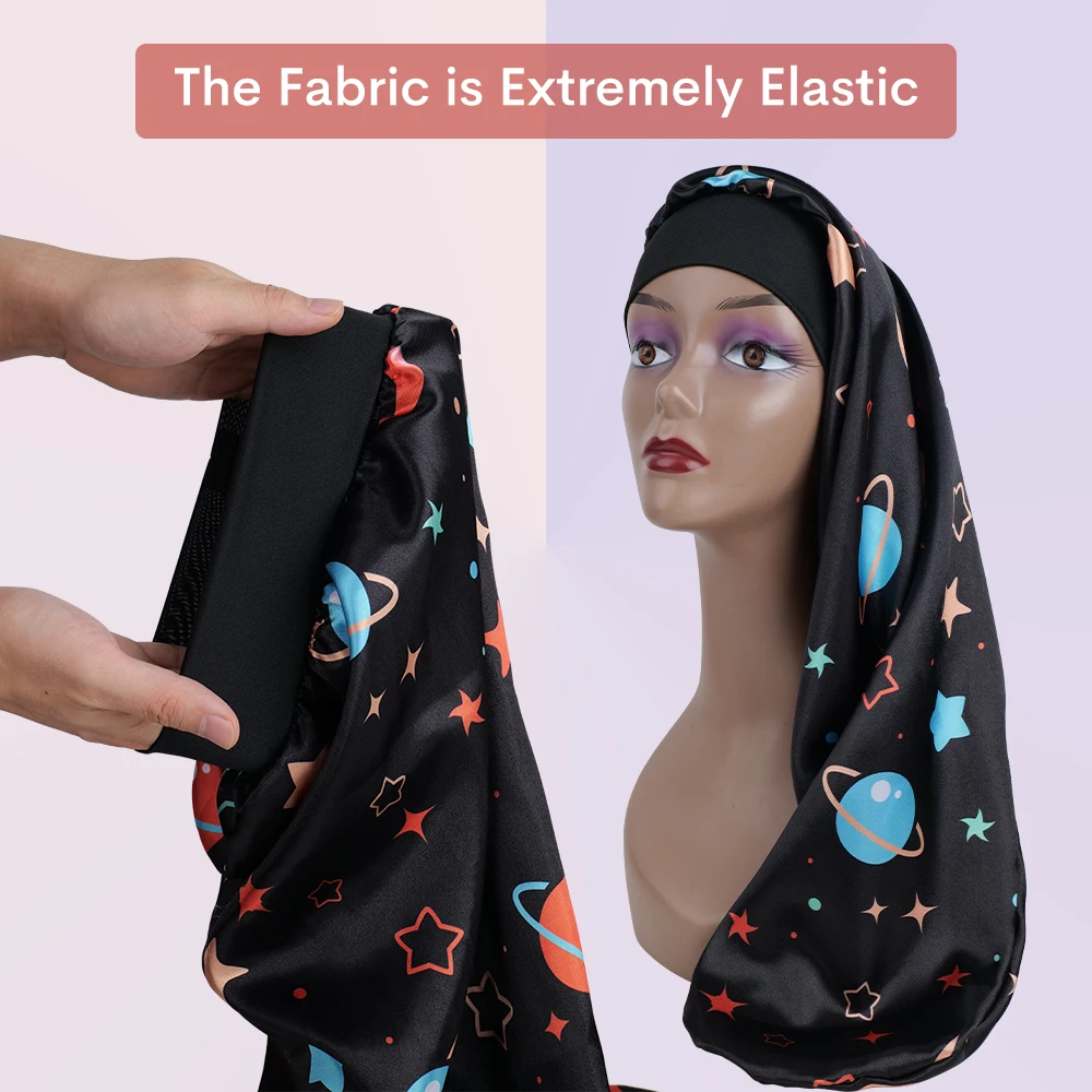 1pc Printed Satin Sleeping Caps for Long Braids, Extra Long Satin Bonnet with Wide Brim, Soft Hair Protection Cap