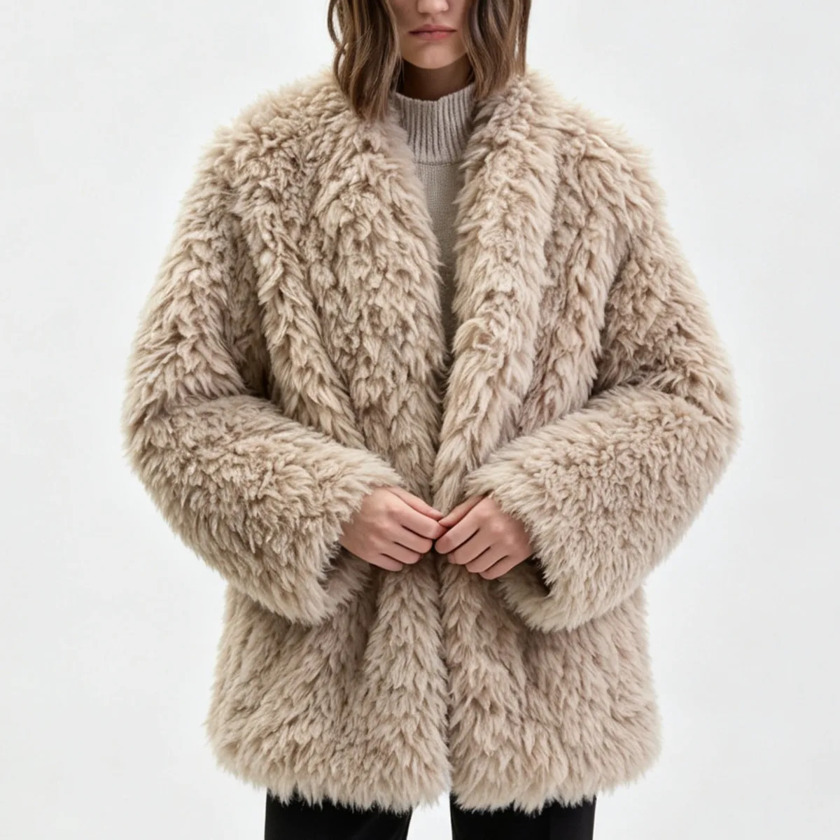 IG Women Beige Curly Faux Fur Shawl Collar Mid-Length Jacket, Oversized Open Front Long Sleeve, Winter Warm Elegant  Outerwear