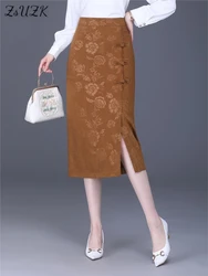 ZUZK High Quality Vintage Jacquard Bodycon Skirt High Waist Slim Spring Summer Women Chinese Style Elegant Button Pencil Skirts