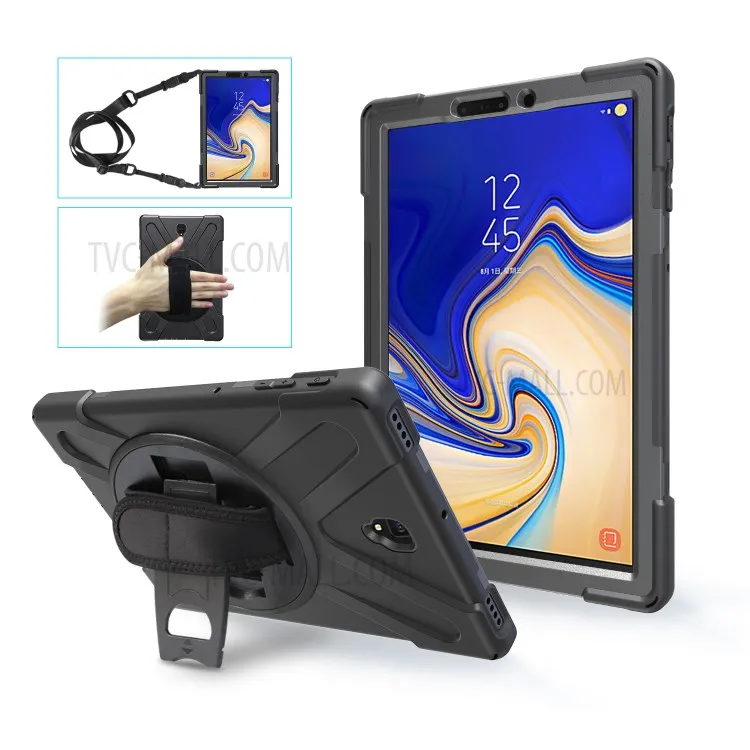 

For Samsung Galaxy Tab S4 10.5 T830 T835 Case with Shoulder Strap [X-Shape] 360° Swivel Kickstand PC + TPU Cover - All Blac