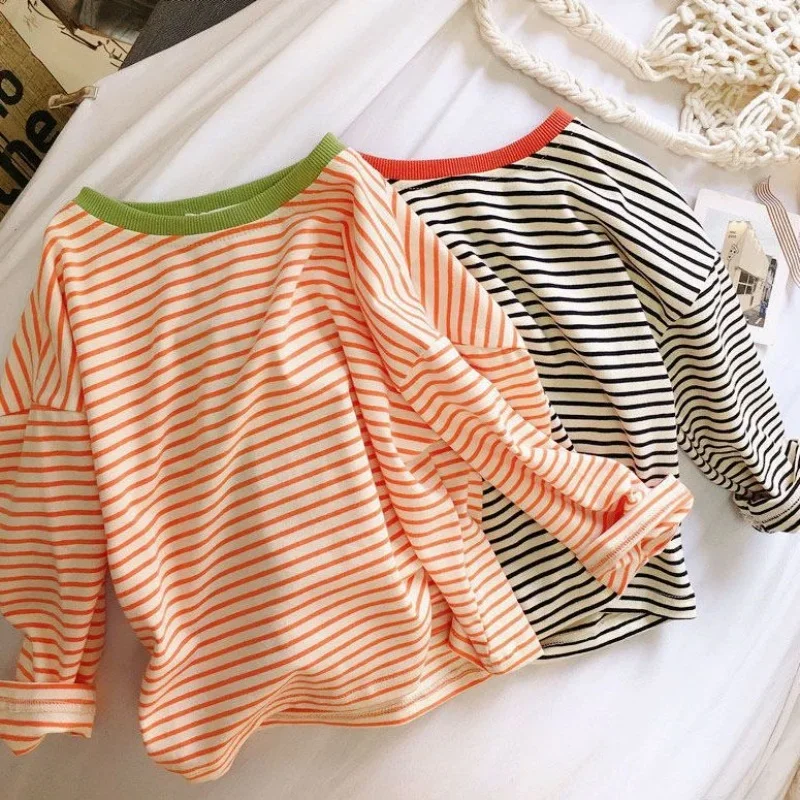 Herbst Frühling 1-5 Jahre Baby Mädchen Jungen Unterhemd Kinder Gestreiftes Langarm-T-Shirt Locker Weich Tägliche Kinder-Oberteil-Kleidung – Detail 2