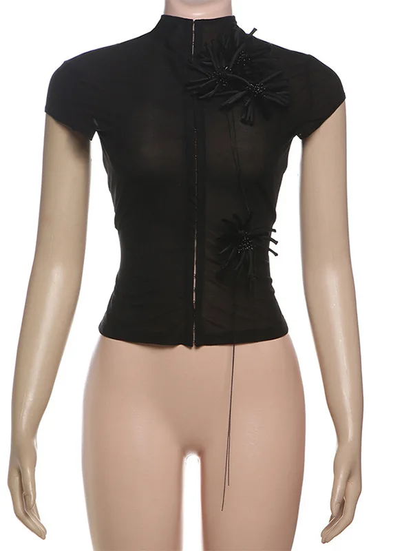 Slim Fit Sexy High Collar ort Sve T-irt with 3D Beaded Flower Decorations And See tough Me Open Cardigan for Women