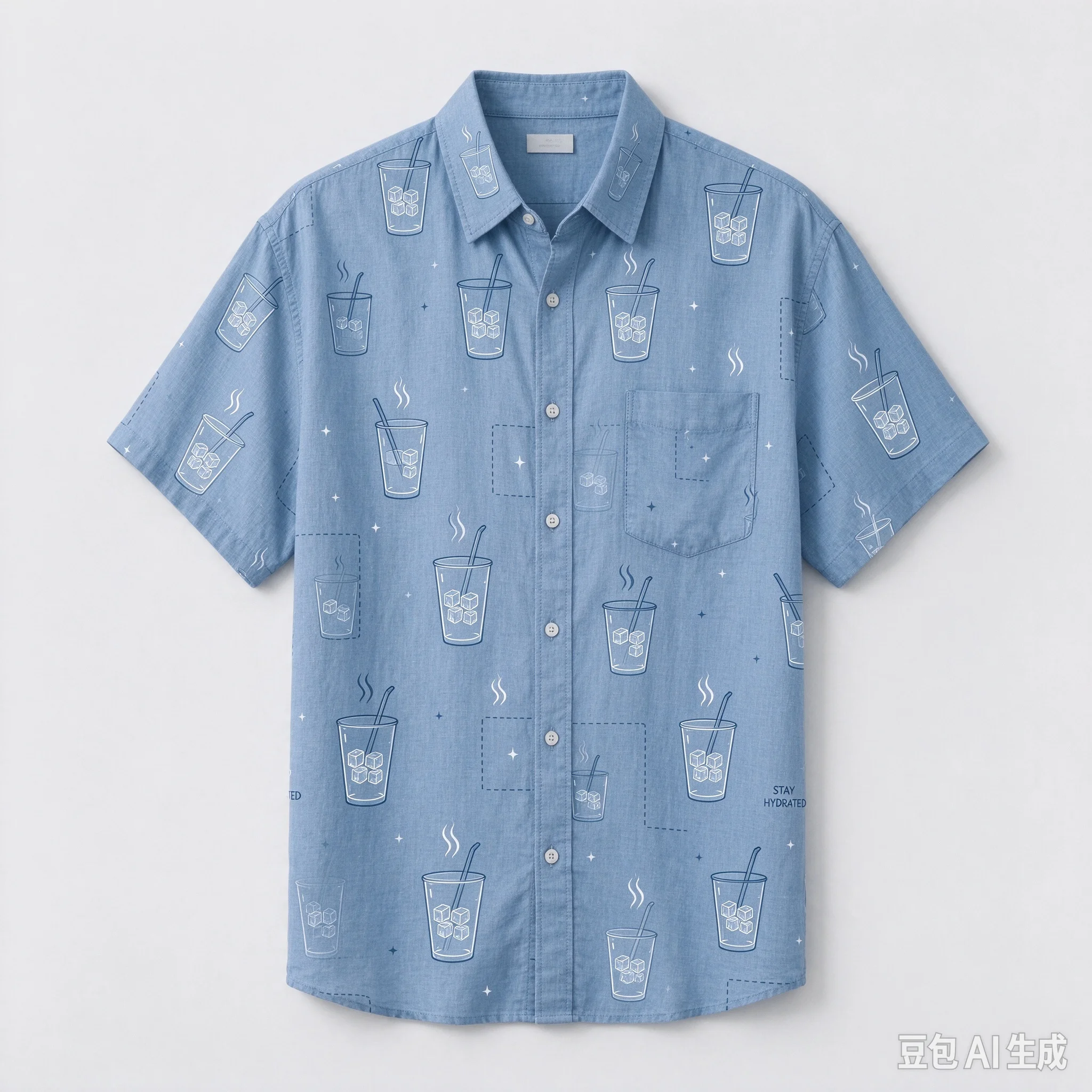 Men Women Unisex Allover Water Cup Print Short Sleeve Shirt, Casual Button Down Tops, Loose Fit Cotton Linen Creative Drink Patt
