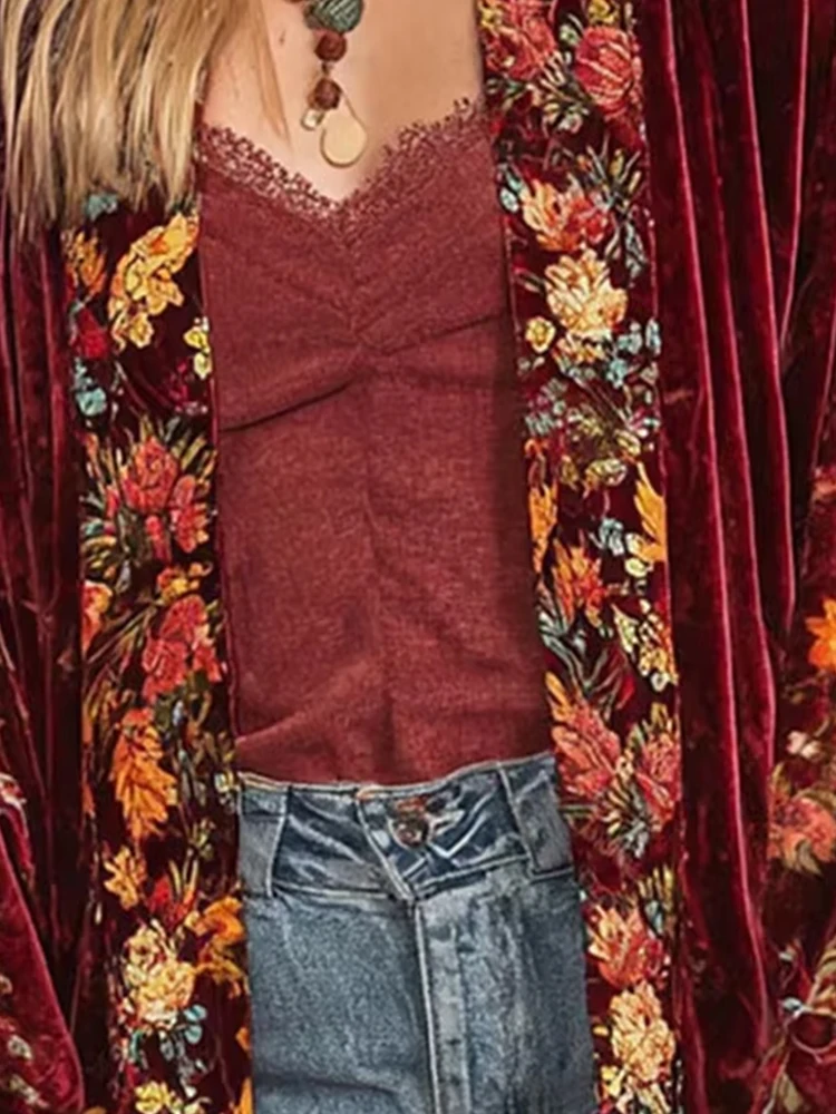 

Женский бархатный кардиган, весенне-осенний бохо, куртки с цветочным принтом в этническом стиле, винтажные топы с открытым передом и длинными рукавами, пальто 2025