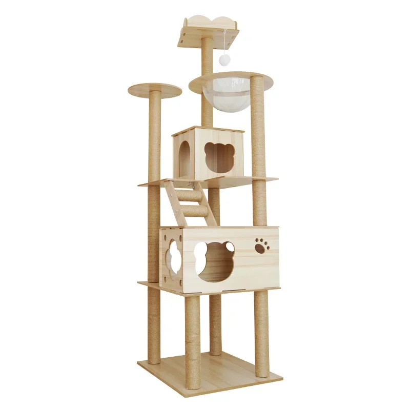 Katzenbaum mit Holzhaus, 7 Ebenen, Multifunktionaler Hanfsäulen-Raumkapsel, Katzen-Klettergerüst