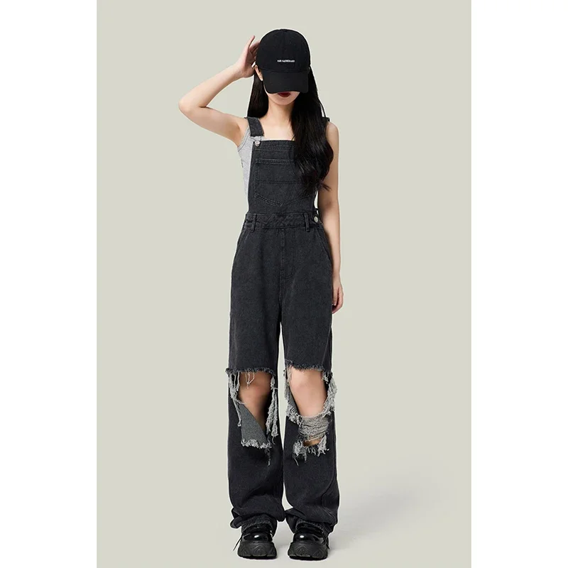 Women Black Straps Jeans Vintage Ripped Wide Leg Pants High Waist Casual Fashion Straight Baggy Denim Trouser Ladies Summer