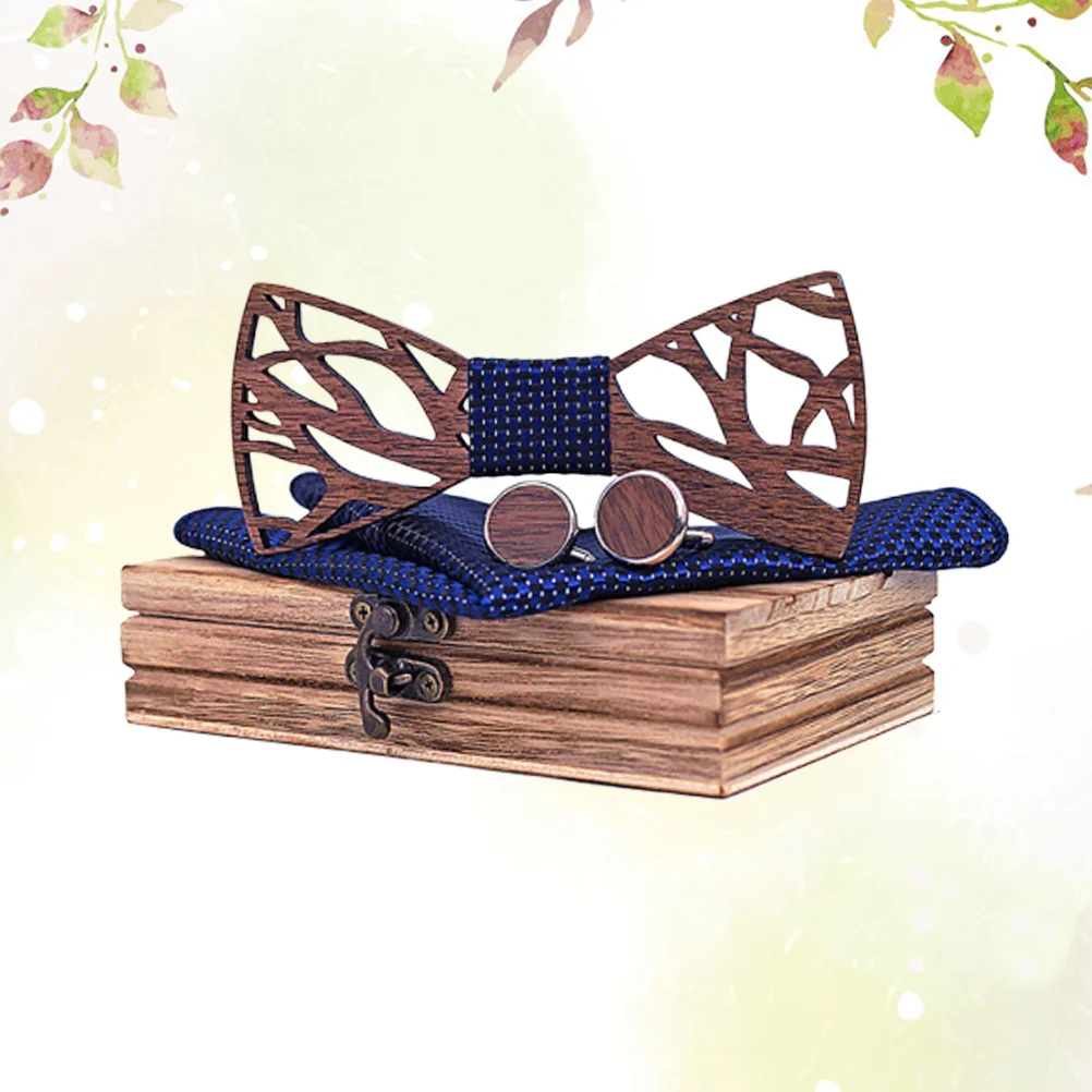 

4Pcs Wedding Accessory Set Hollow Wooden Bowtie Vintage Style Men Anniversary Birthday Decor Bow Tie Cufflinks Pocket Square