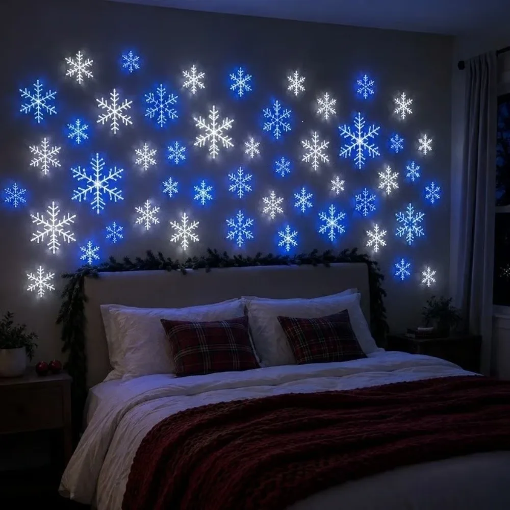 12Pcs Plastic Led Snowflake Wall Lights Colorful Lights White Snowflake Christmas Snowflake Lamp Shatterproof Hollow Pattern