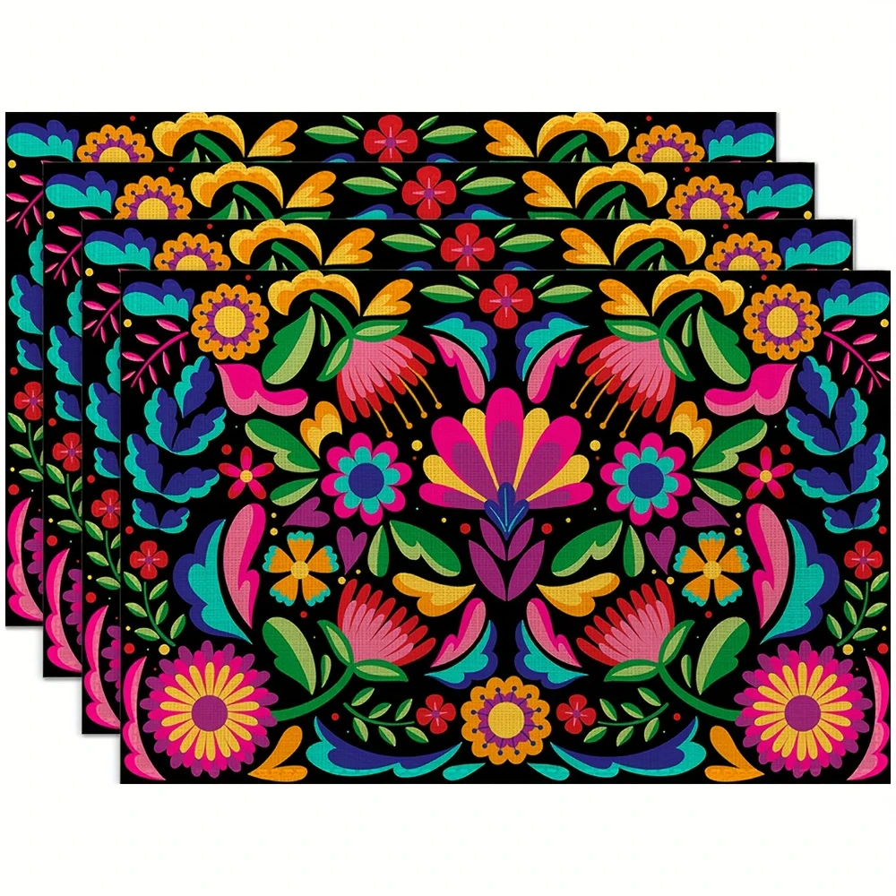 Mexican Otomi Floral Placemats Vibrant Folk Flower Table Decor Bohemian Cabinet Display Ethnic Style Dining Table Gift