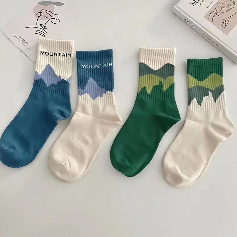 Popular Socks Women\'s Mountain and Sea Socks Pattern Japanese Medium Tube Socks Men\'s Ins Tide Good Quality Wholesale