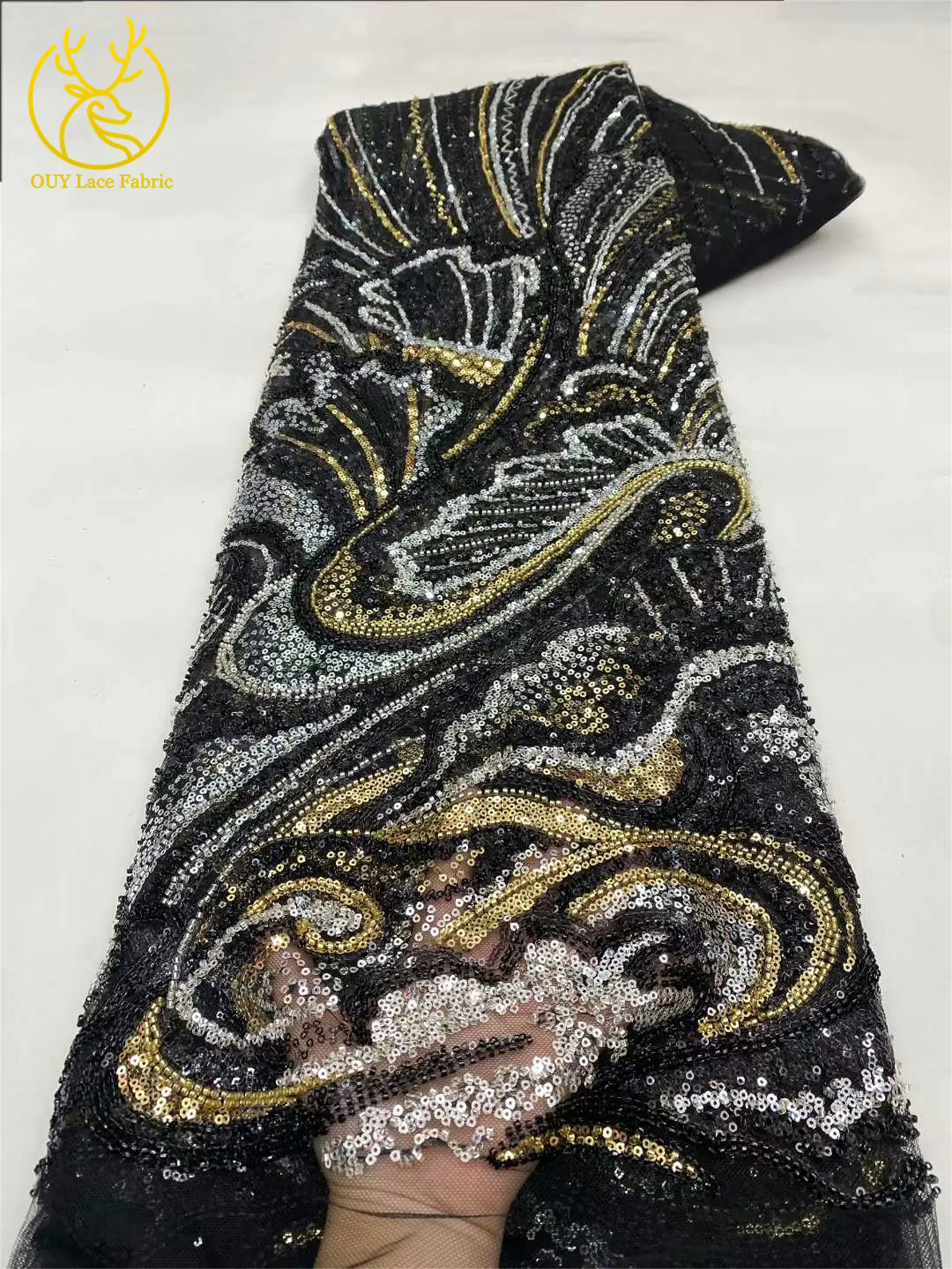 2026 Afrikanischer Perlen-Pailletten-Spitzenstoff, hochwertiger nigerianischer Tüll-Spitzenstoff, geeignet für Hochzeitskleid-Nähmaterial, 5 Yards – Detail 12
