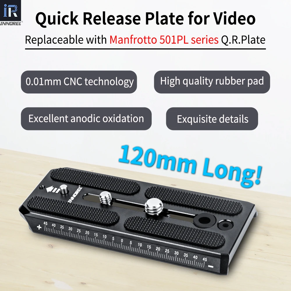 INNOREL QV120 Płytka szybkiego montażu kompatybilna z głowicą wideo Manfrotto serii 501PL, szerokość 50 mm, ze śrubami 1/4\" i 3/8\" — zdjęcie produktu 2